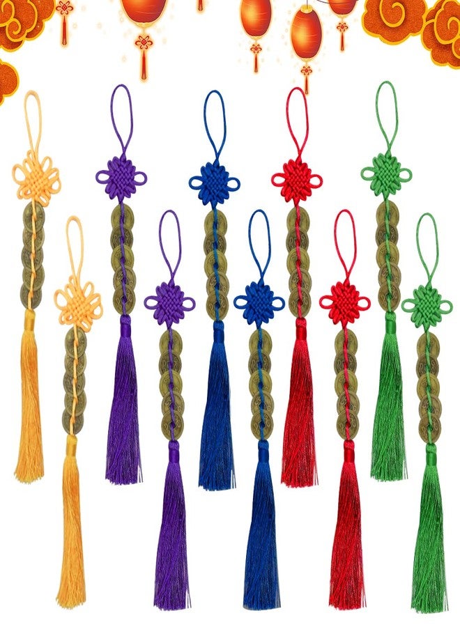 ABTOLS 10 Pieces Chinese Knot Colorful String Feng Shui Charm Vintage I-Ching Lucky Coin New Year Decorations Car Hanging Decoration 5 Coins Emperor Money Chinese Amulet for Family Friends Health and Wealth - Image 1